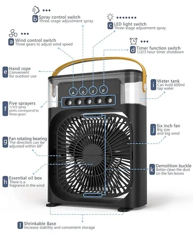 Portable Mini Air Conditioner Fan with Cool Mist Humidifier, 7-Color LED Light and Timer for Room and Office thumbnail 3