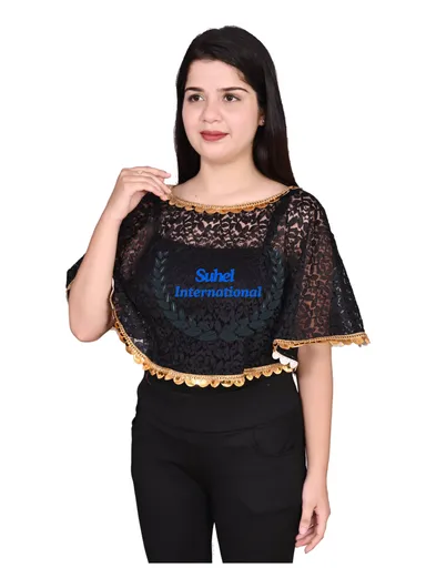 Women’s Net Lace Poncho | Golden Lace Stylish Cape| Trendy Shrugs| Regular Fit | Black Colour Party & Casual Wear thumbnail 0