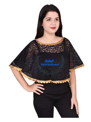 Women’s Net Lace Poncho | Golden Lace Stylish Cape| Trendy Shrugs| Regular Fit | Black Colour Party & Casual Wear thumbnail 2
