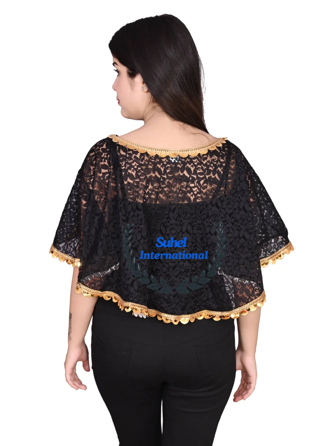 Women’s Net Lace Poncho | Golden Lace Stylish Cape| Trendy Shrugs| Regular Fit | Black Colour Party & Casual Wear image 2