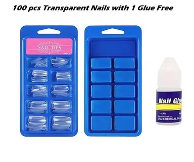 100 PCS Transparent False Nail Tips with Free Nail Glue | Clear Acrylic Nail Tips for DIY Nail Art
