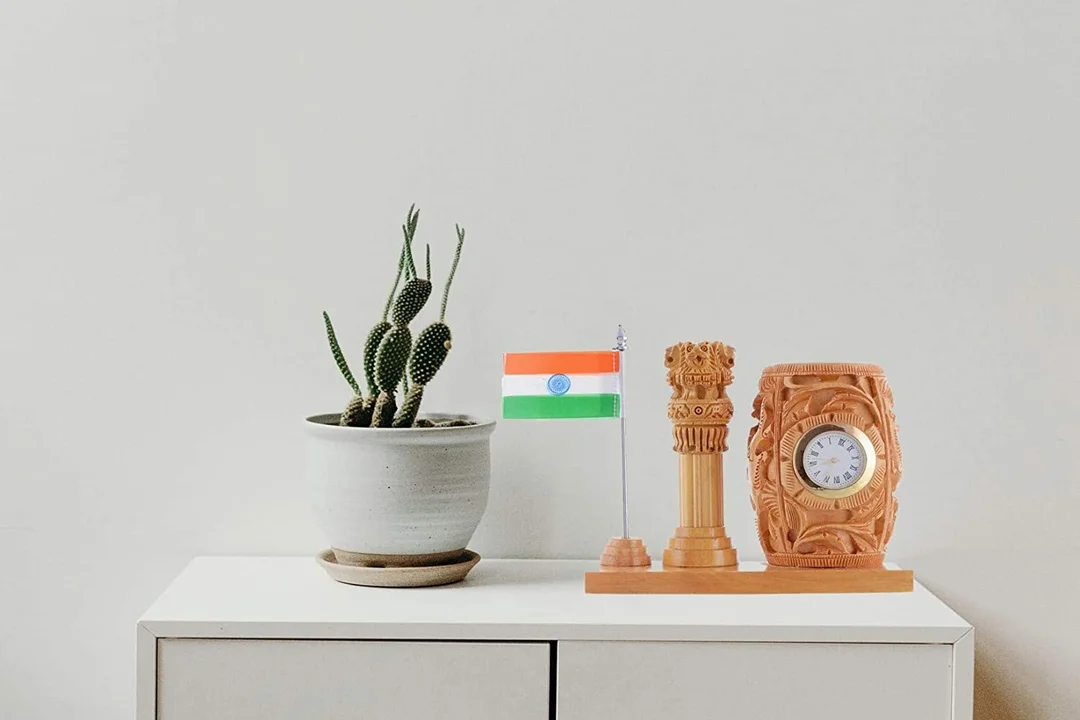 Wooden Desk Organizer with Clock | Ashoka Pillar | and Indian Flag | Handcrafted Pen Stand for Office| Study Table| and Gifts image 3