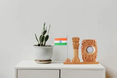 Wooden Desk Organizer with Clock | Ashoka Pillar | and Indian Flag | Handcrafted Pen Stand for Office| Study Table| and Gifts thumbnail 2