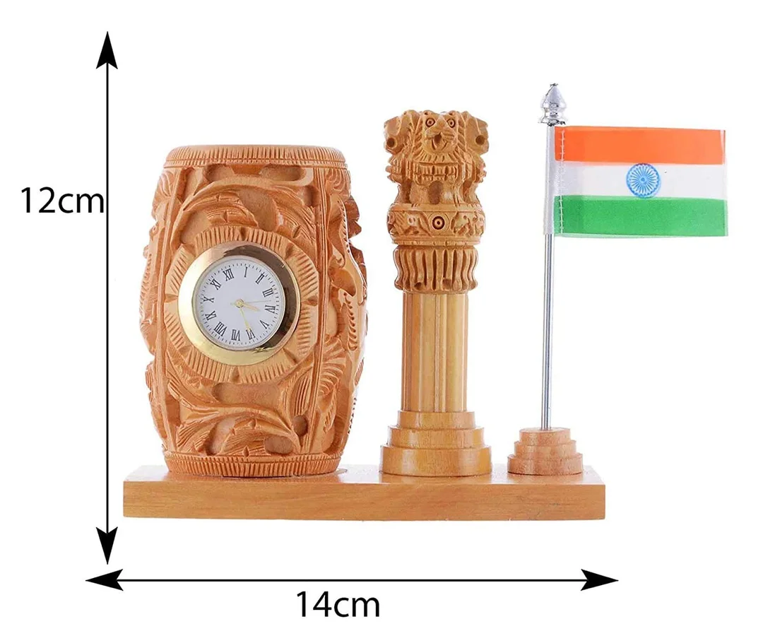 Wooden Desk Organizer with Clock | Ashoka Pillar | and Indian Flag | Handcrafted Pen Stand for Office| Study Table| and Gifts image 2