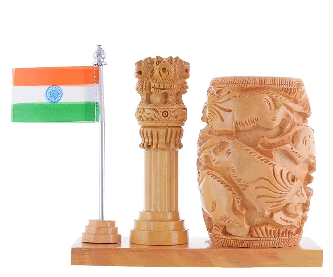 Wooden Desk Organizer with Clock | Ashoka Pillar | and Indian Flag | Handcrafted Pen Stand for Office| Study Table| and Gifts image 5