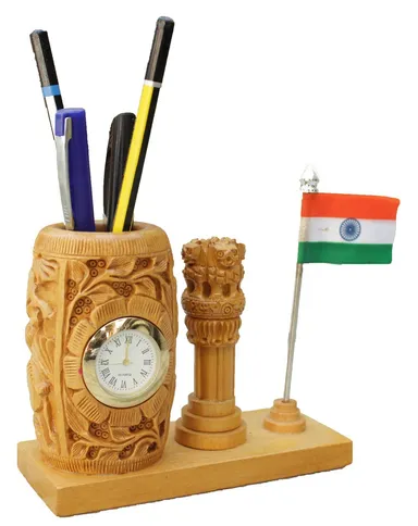 Wooden Desk Organizer with Clock | Ashoka Pillar | and Indian Flag | Handcrafted Pen Stand for Office| Study Table| and Gifts thumbnail 3