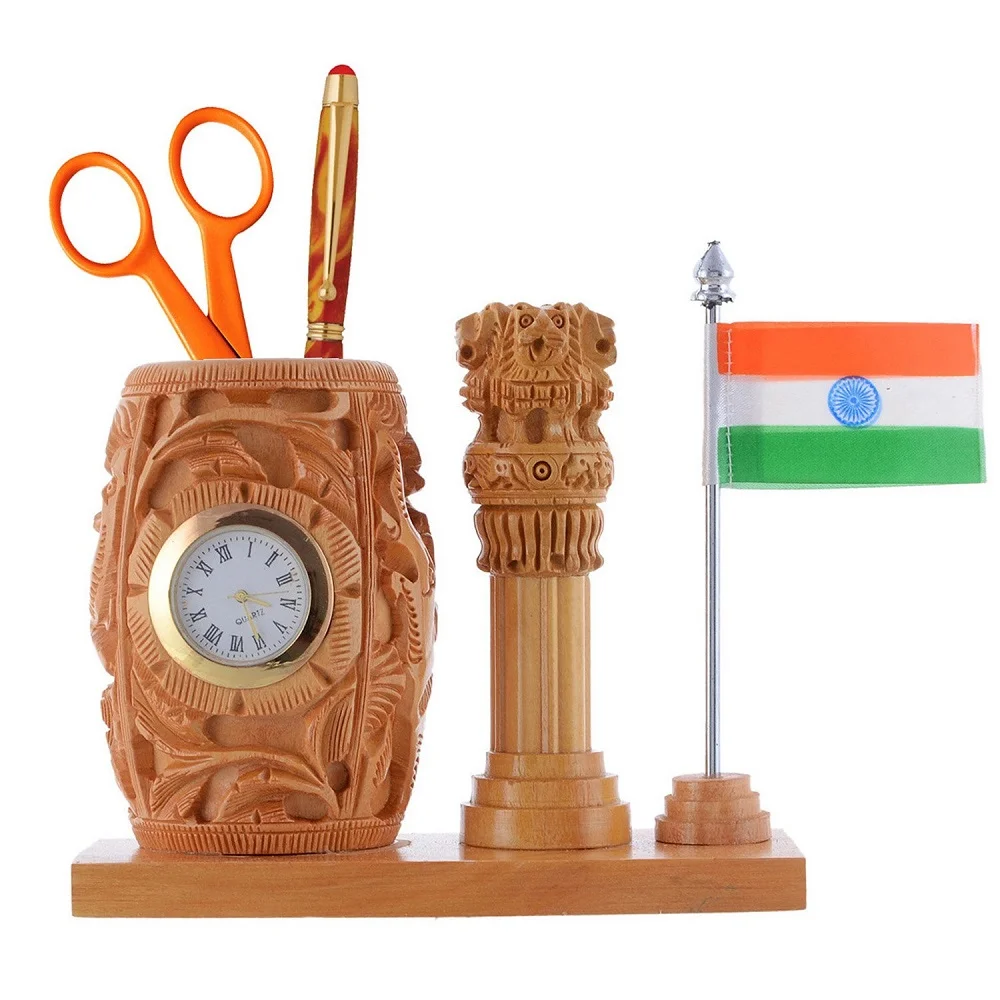 Wooden Desk Organizer with Clock | Ashoka Pillar | and Indian Flag | Handcrafted Pen Stand for Office| Study Table| and Gifts image 1