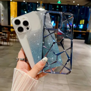 iPhone 12 Gold Electroplated Glitter Gradient Clear TPU Shockproof Protective Back Case Cover thumbnail 2