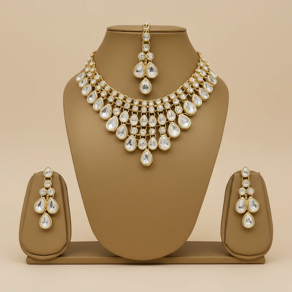 Silver Necklace Set for Women | AD Studded Wedding Jewellery Set with Choker Necklace| Earrings & Maang Tikka | Pack of 3 Bridal Jewellery Set for Women & Girls | Party & Festive Wear Fashion Jewelry image 1