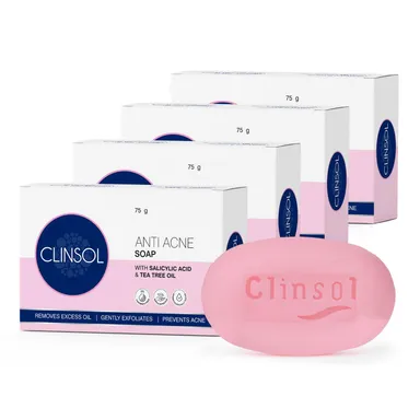 Leeford Clinsol Anti-Acne Soap 75 g Pack of 5 – Salicylic Acid, Tea Tree Oil & Vitamin E Acne-Fighting Daily Soap for Oily / Acne-Prone Skin (Men & Women) thumbnail 0