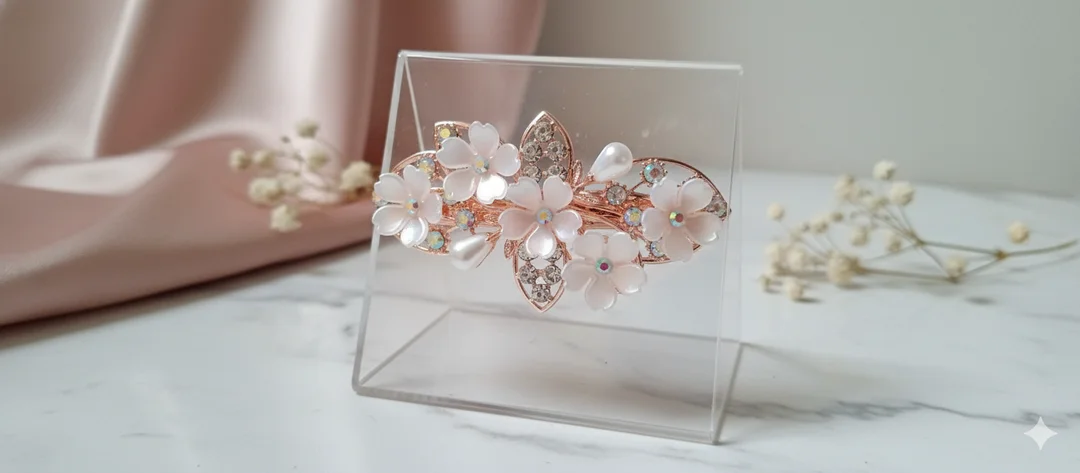 Floral Pearl Hair Clip for Women & Girls – Rose Gold Designer Hair Accessory for Party & Wedding (2 Pieces) image 1