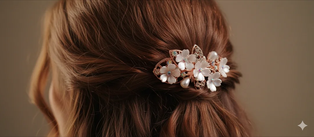 Floral Pearl Hair Clip for Women & Girls – Rose Gold Designer Hair Accessory for Party & Wedding (2 Pieces) image 2