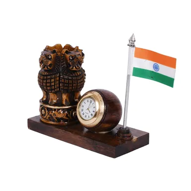 Handcrafted Multipurpose Wooden Pen Stand with Ashoka Pillar & Indian Flag | Desk Organizer for Office & Study Table | Perfect Showpiece  thumbnail 1