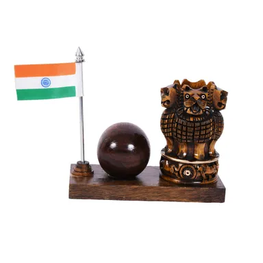 Handcrafted Multipurpose Wooden Pen Stand with Ashoka Pillar & Indian Flag | Desk Organizer for Office & Study Table | Perfect Showpiece  thumbnail 2