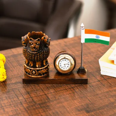 Handcrafted Multipurpose Wooden Pen Stand with Ashoka Pillar & Indian Flag | Desk Organizer for Office & Study Table | Perfect Showpiece  thumbnail 3
