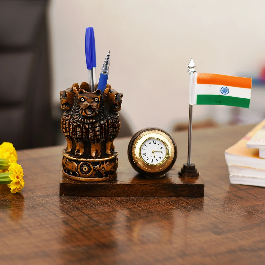 Handcrafted Multipurpose Wooden Pen Stand with Ashoka Pillar & Indian Flag | Desk Organizer for Office & Study Table | Perfect Showpiece  image 1