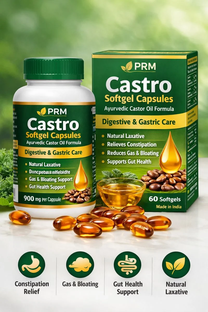 PRM Castro Softgel Capsules Pack of Ayurvedic Castor Oil Digestive & Gastric Care Formula 900mg Natural Laxative Gut Health Support Constipation Gas Relief India image 1