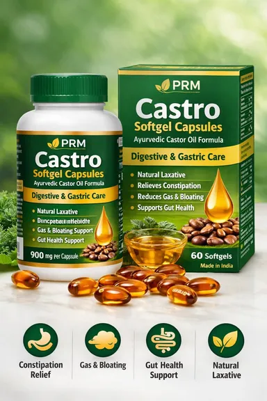 PRM Castro Softgel Capsules Pack of  Ayurvedic Castor Oil Digestive & Gastric Care Formula 900mg Natural Laxative Gut Health Support Constipation Gas Relief India thumbnail 0