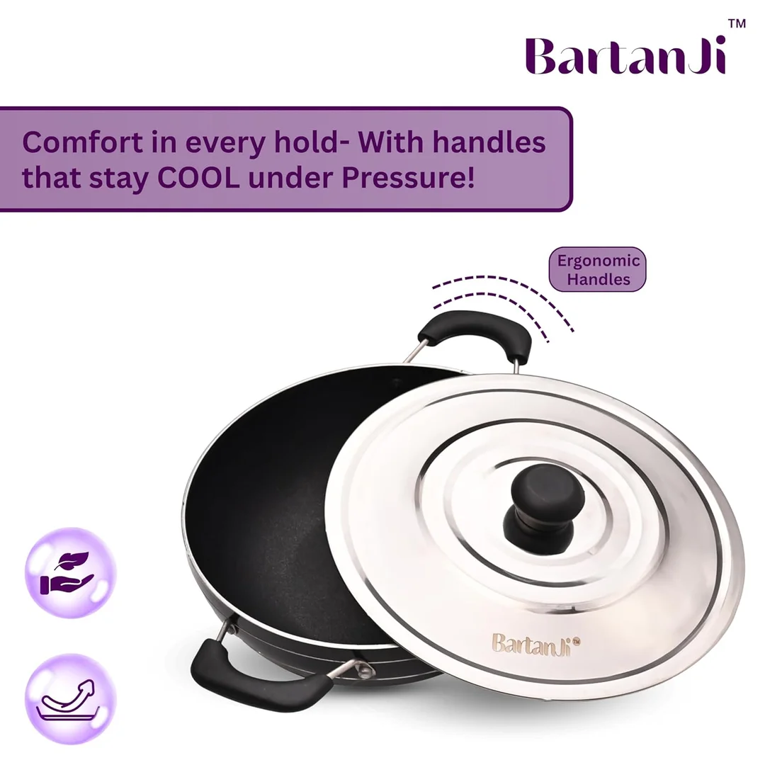 BartanJi Non Stick Deep Kadhai with Steel Lid 35 Litre 28 cm image 3