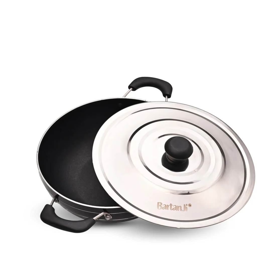 BartanJi Non Stick Deep Kadhai with Steel Lid 35 Litre 28 cm image 1