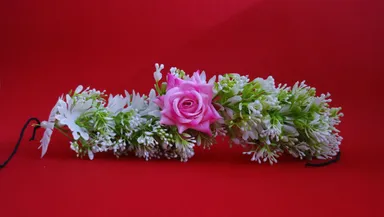 Artificial green gajra with soft pink| Artificial Green Leaf | Gajra with Soft Pink Flowers thumbnail 1