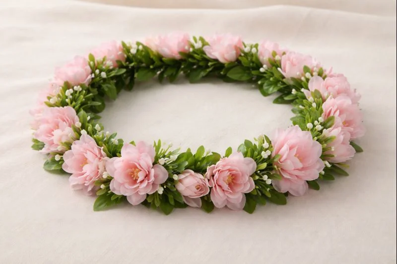 Artificial green gajra with soft pink| Artificial Green Leaf | Gajra with Soft Pink Flowers image 1