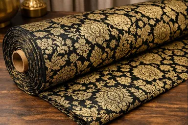Premium Black & Gold Brocade Fabric Roll – 80 Meter | Woven Jacquard Material for Blouse, Kurti, Fall, Craft & Boutique Use thumbnail 0