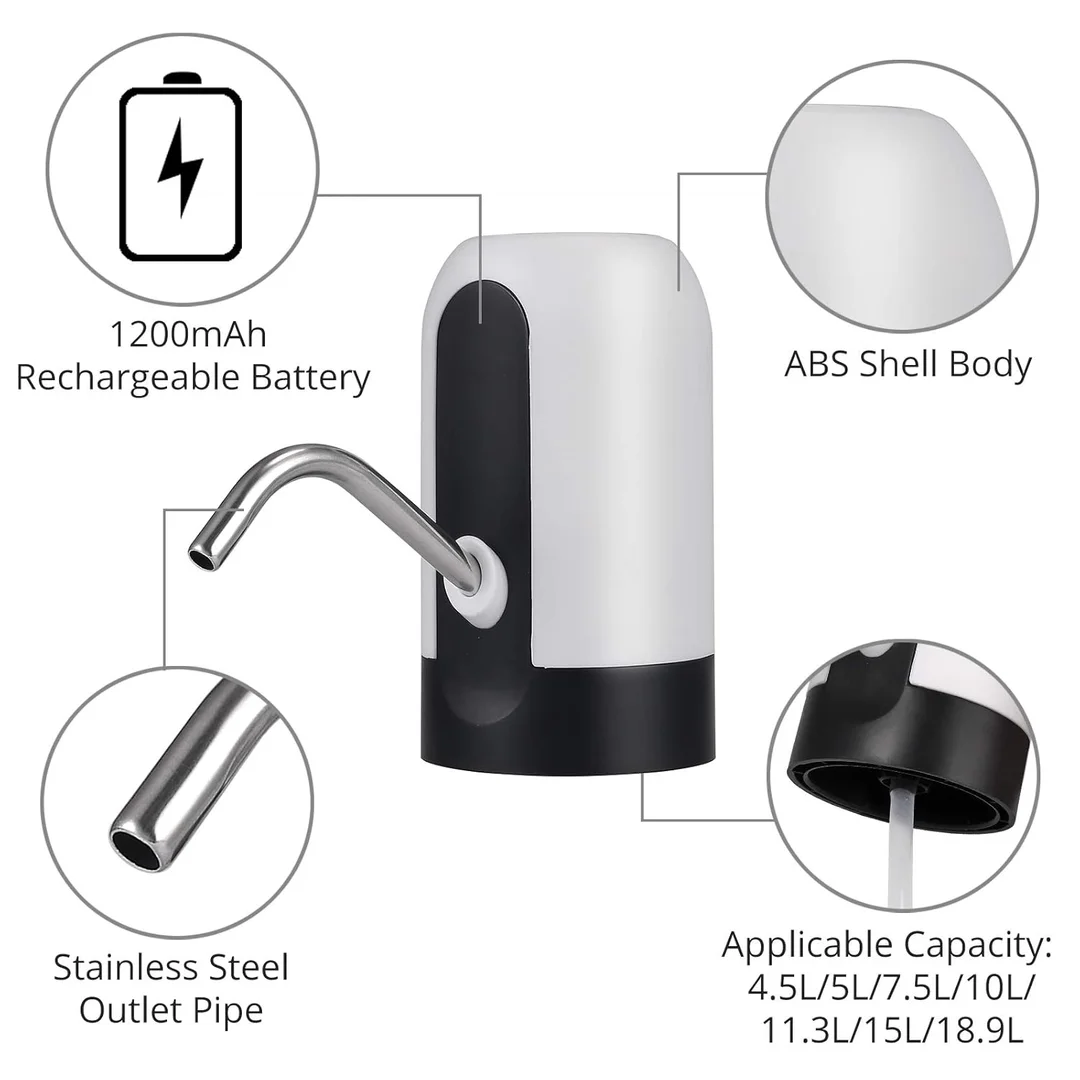 Justech Electric Water Pump for 5-Gallon Bottles – USB Rechargeable, Auto Switch, White (For Home & Office) image 2