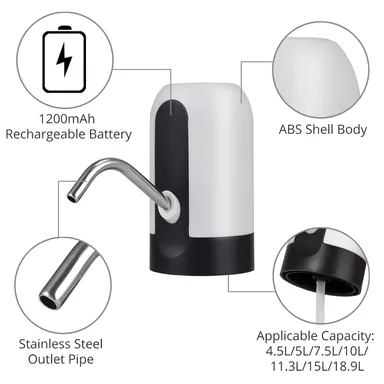 Justech Electric Water Pump for 5-Gallon Bottles – USB Rechargeable, Auto Switch, White (For Home & Office) thumbnail 1