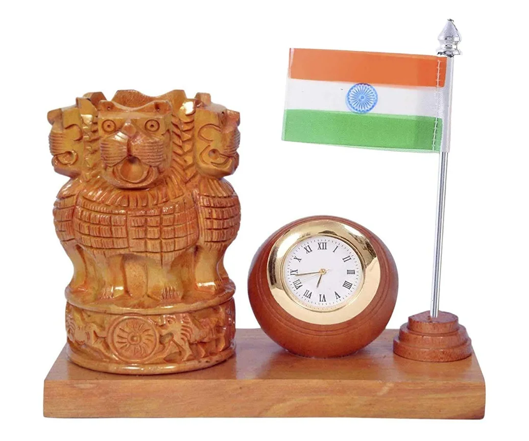 Wooden Pen Stand with Analog Clock | Ashoka Stambh & Indian Flag | Natural Kadam Wood Desk Organizer | Handcrafted Office Table Decor & Patriotic Gift image 1