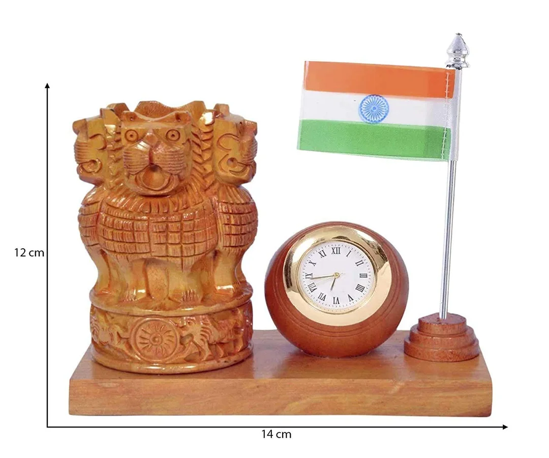 Wooden Pen Stand with Analog Clock | Ashoka Stambh & Indian Flag | Natural Kadam Wood Desk Organizer | Handcrafted Office Table Decor & Patriotic Gift image 2