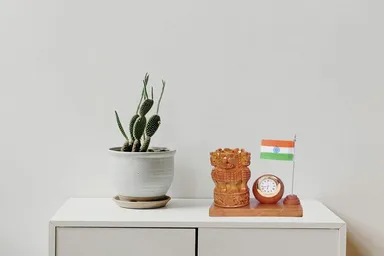 Wooden Pen Stand with Analog Clock | Ashoka Stambh & Indian Flag | Natural Kadam Wood Desk Organizer | Handcrafted Office Table Decor & Patriotic Gift thumbnail 2
