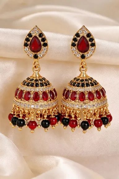 Elegant Gold Plated Red & Black Stone Jhumka Earrings for Women | Party & Festive Wear Traditional Jhumki thumbnail 0