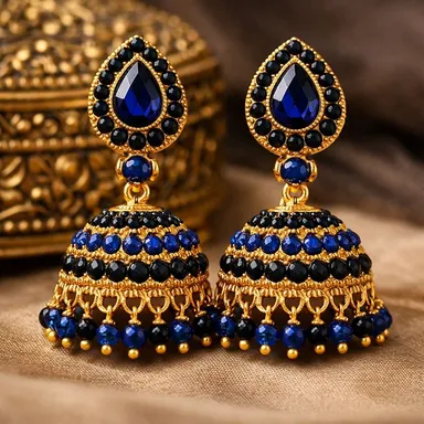 Elegant Gold Plated Blue & Black Stone Jhumka Earrings for Women | Party & Festive Wear Traditional Jhumki thumbnail 0