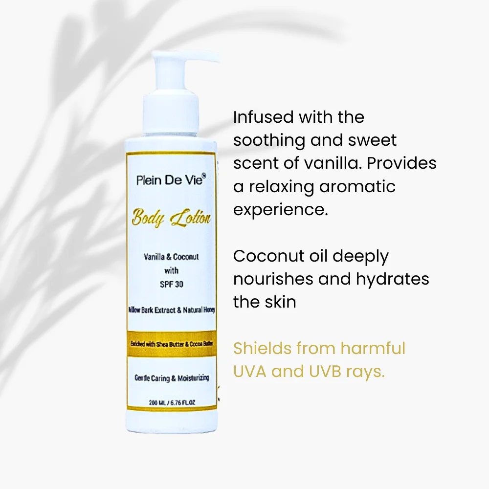 Plein De Vie Body Lotion | Vanilla | Coconut | Skin Moisturiser | Dry Skin and Oily Skin | Winter Body Lotion | Body and Face | Sun Protection & Acne Care | SPF 30 | Unisex | 200ml image 3