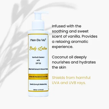 Plein De Vie Body Lotion | Vanilla | Coconut | Skin Moisturiser | Dry Skin and Oily Skin | Winter Body Lotion | Body and Face | Sun Protection & Acne Care | SPF 30 | Unisex | 200ml  thumbnail 2
