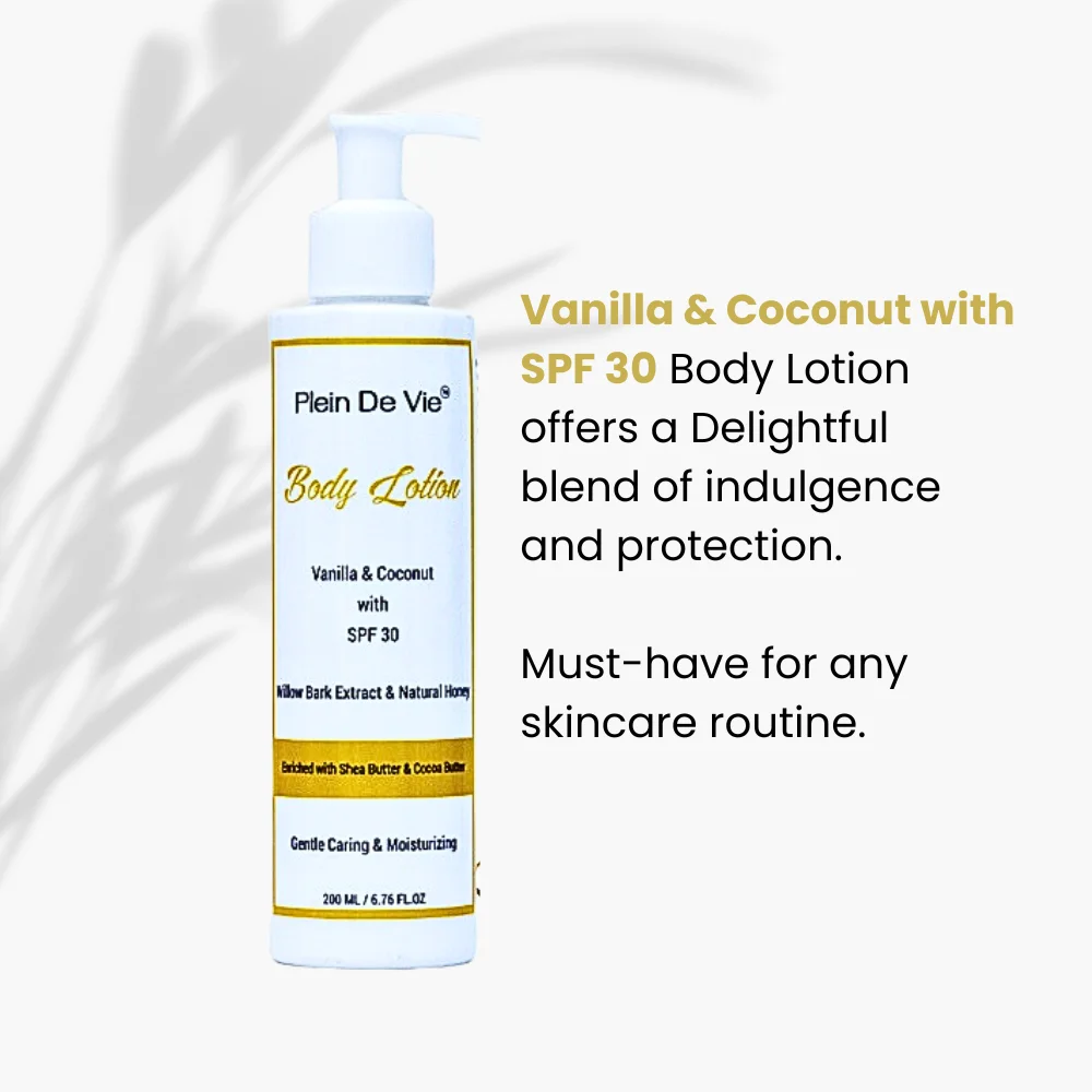Plein De Vie Body Lotion | Vanilla | Coconut | Skin Moisturiser | Dry Skin and Oily Skin | Winter Body Lotion | Body and Face | Sun Protection & Acne Care | SPF 30 | Unisex | 200ml image 4