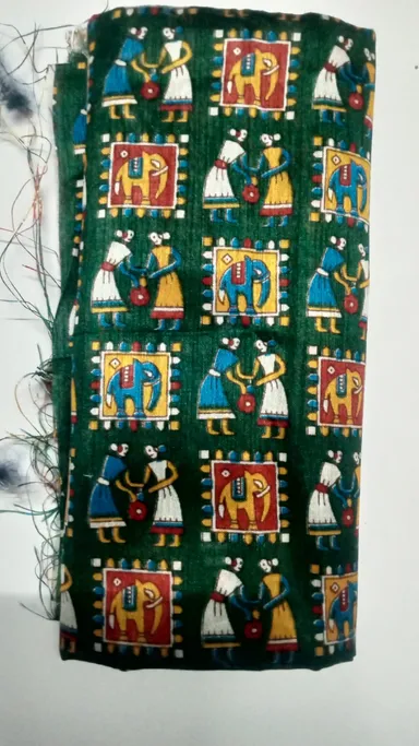 Green Kalamkari Printed Unstitched Blouse Piece (1 Meter) – Traditional Elephant & Couple Motifs | Soft Daily Wear Fabric thumbnail 0