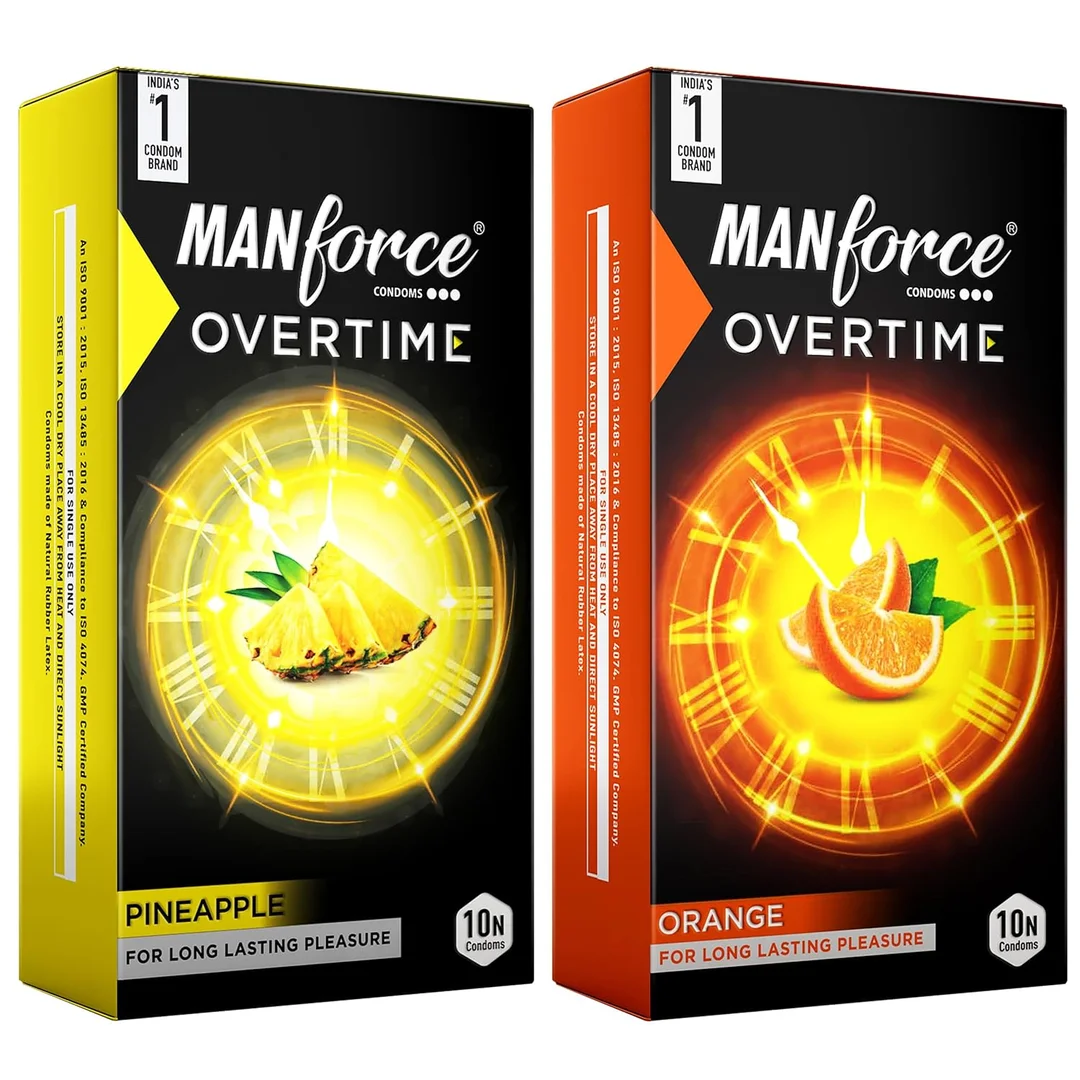 Manforce Overtime Combo Orange & Pineapple Flavoured| 20 pcs – Dotted, Contoured & Ribbed Condoms image 1