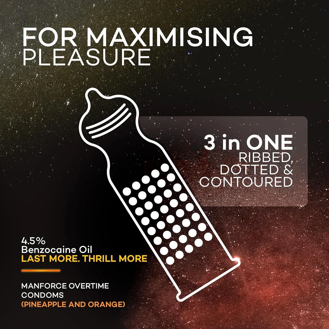 Manforce Overtime Combo Orange & Pineapple Flavoured| 20 pcs – Dotted, Contoured & Ribbed Condoms image 3