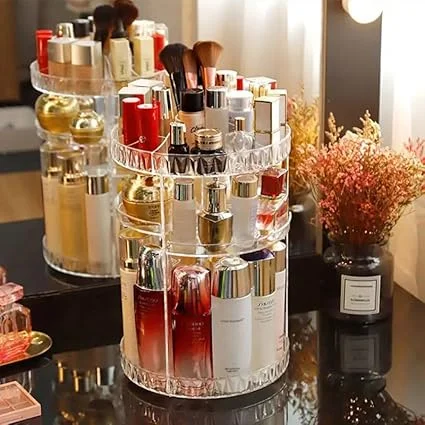 Rotating Adjustable Makeup Organizer Carousel |Large Capacity Cosmetic Storage |Vanity Countertop Tray for Lipstick Brushes Skincare Bottles Perfume, Space Saving Bathroom & Dressing Table Organiser image 1