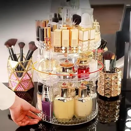 Rotating Adjustable Makeup Organizer Carousel |Large Capacity Cosmetic Storage |Vanity Countertop Tray for Lipstick Brushes Skincare Bottles Perfume, Space Saving Bathroom & Dressing Table Organiser image 2