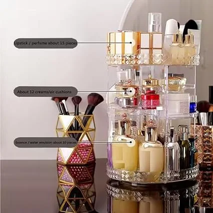 Rotating Adjustable Makeup Organizer Carousel |Large Capacity Cosmetic Storage |Vanity Countertop Tray for Lipstick Brushes Skincare Bottles Perfume, Space Saving Bathroom & Dressing Table Organiser image 3