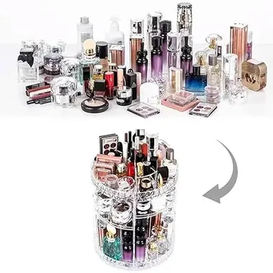 Rotating Adjustable Makeup Organizer Carousel |Large Capacity Cosmetic Storage |Vanity Countertop Tray for Lipstick Brushes Skincare Bottles Perfume, Space Saving Bathroom & Dressing Table Organiser thumbnail 3