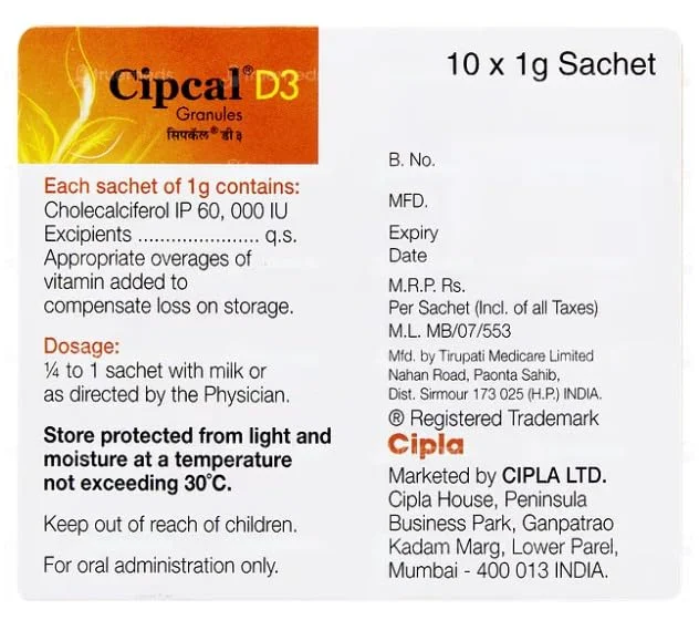 Cipla Cipcal D3 Cholecalciferol Granules 10 g Bone & Joint Health Supplement – Vitamin D3 Daily Use, Better Calcium Absorption, Immune & Bone Strength Support (buy online best price India) image 3
