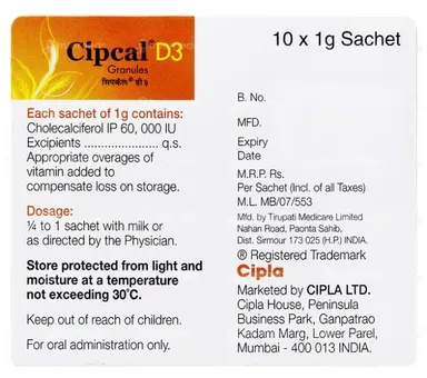 Cipla Cipcal D3 Cholecalciferol Granules 10 g Bone & Joint Health Supplement – Vitamin D3 Daily Use, Better Calcium Absorption, Immune & Bone Strength Support (buy online best price India) thumbnail 2
