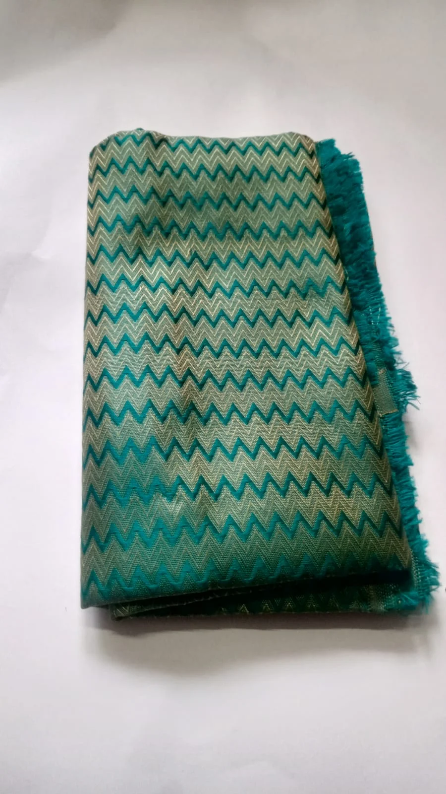 Premium Zigzag Pattern Unstitched Blouse Piece | Teal & Beige Designer Silk-Blend Fabric image 1