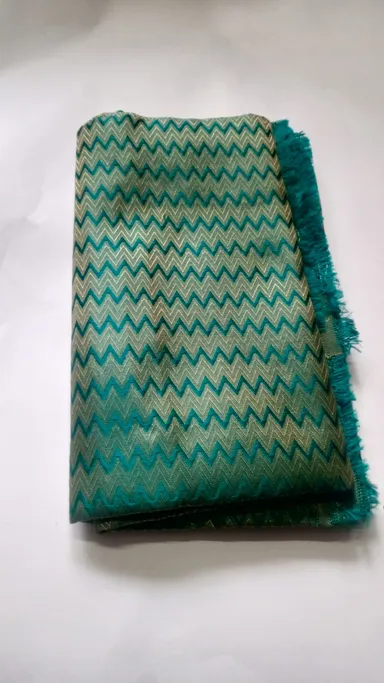 Premium Zigzag Pattern Unstitched Blouse Piece | Teal & Beige Designer Silk-Blend Fabric thumbnail 0