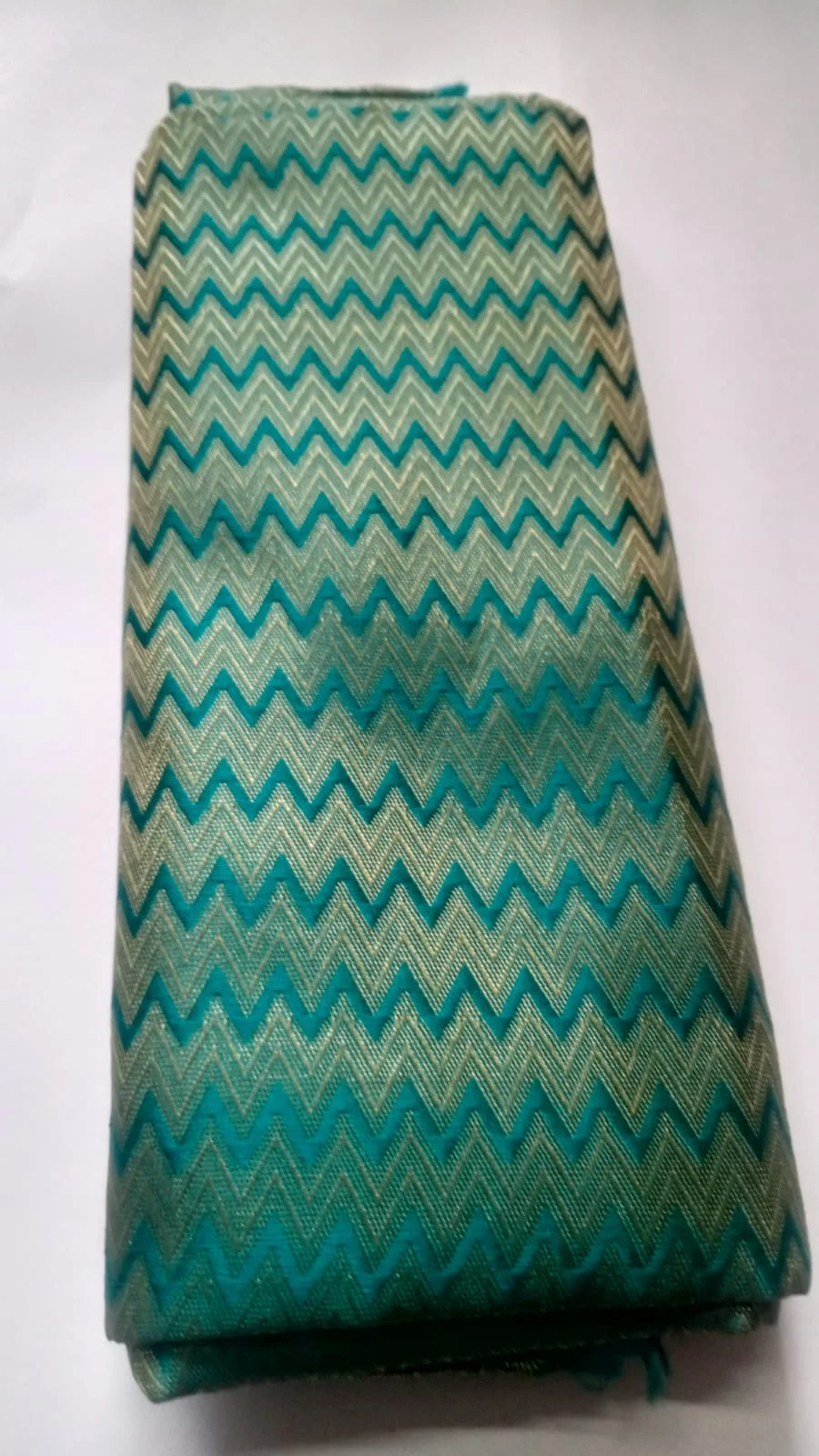 Premium Zigzag Pattern Unstitched Blouse Piece | Teal & Beige Designer Silk-Blend Fabric image 2