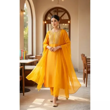 Elegant Yellow Silk Kurta Set With Matching Dupatta for Women Premium Festive Ethnic Wear Traditional Indian Suit Set Wedding Party Occasion thumbnail 0